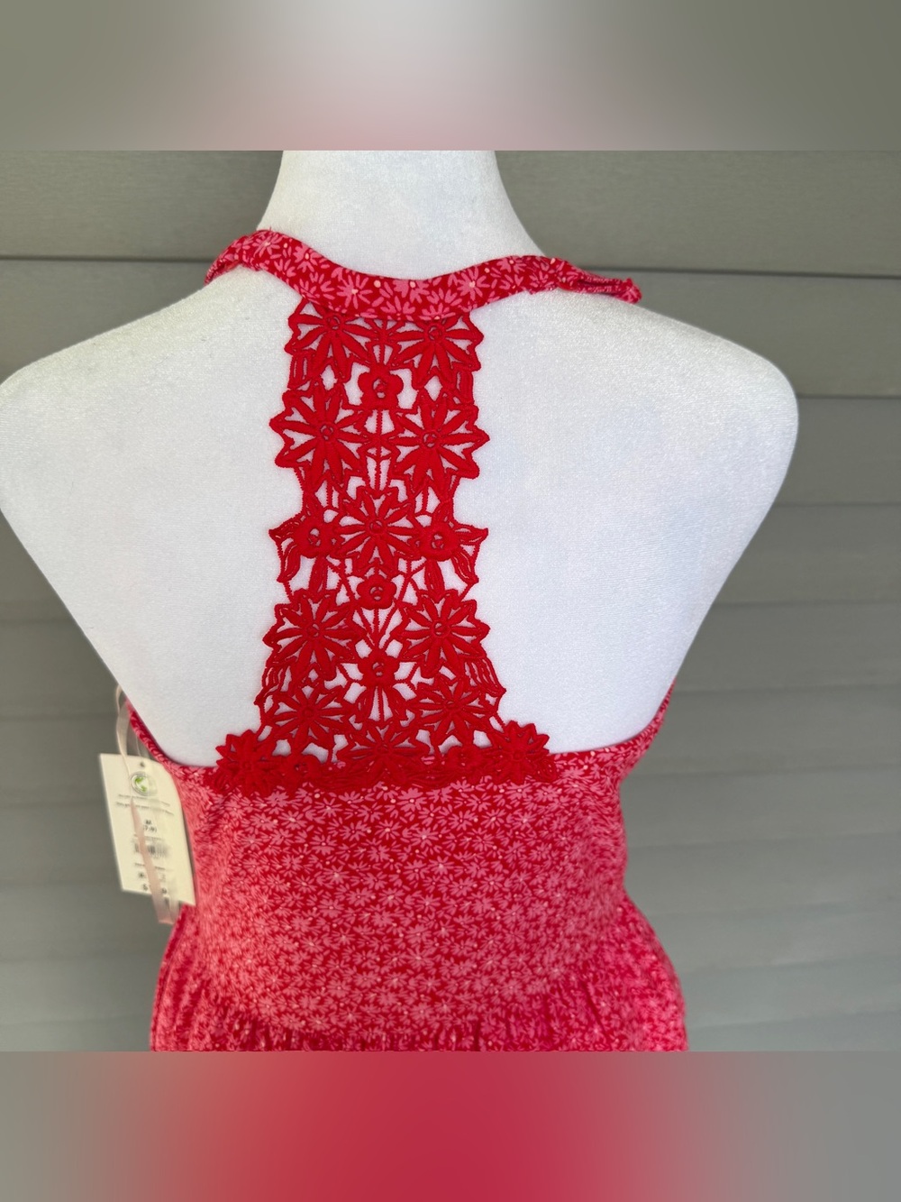 NWT Pink Red Floral Built-In Bra Crochet Racerback Dress M Pockets Cottagecore